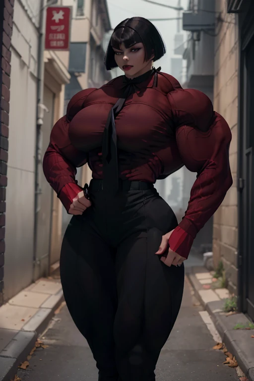 (Massive, beautiful, buff, pale white skinned muscular asian woman with red hair, purple eyes, black lipstick, ginormous bulky muscles), (((Red three-piece suit))), necktie, blazer, (((red suit jacket))), (((waistcoat))), double-breasted waistcoat, pencil skirt, pencil skirt, tie clip, pocket square, pocket watch, pantyhose, high heels, (close view), (massive muscles), hyper muscles, long hair, in an apartment, 