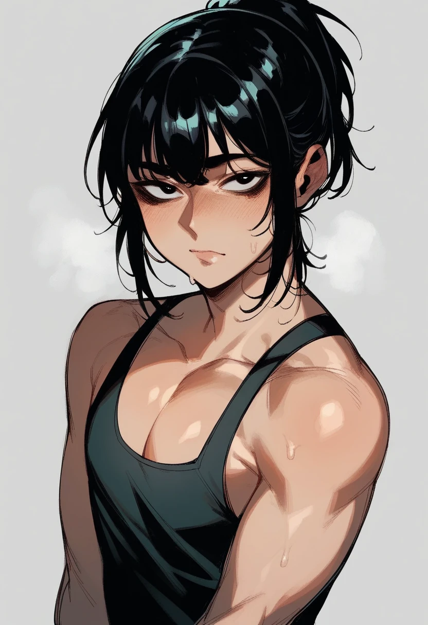 muscular yellow eyes pale skin girl sad cleavage blushing frown sweaty big breasts black hair perfect quality