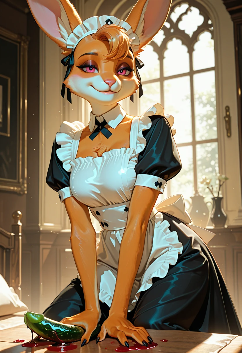 By personalami. Cute furry lynx. Black long hair. Hair bow. Cute smiling. Dynamic pose. Maid dress. Black panties. Black bra. Hand together on panties. Hugely chest. Pantyhose. freckles. Ears down. Lynx tail. Lynx ears.