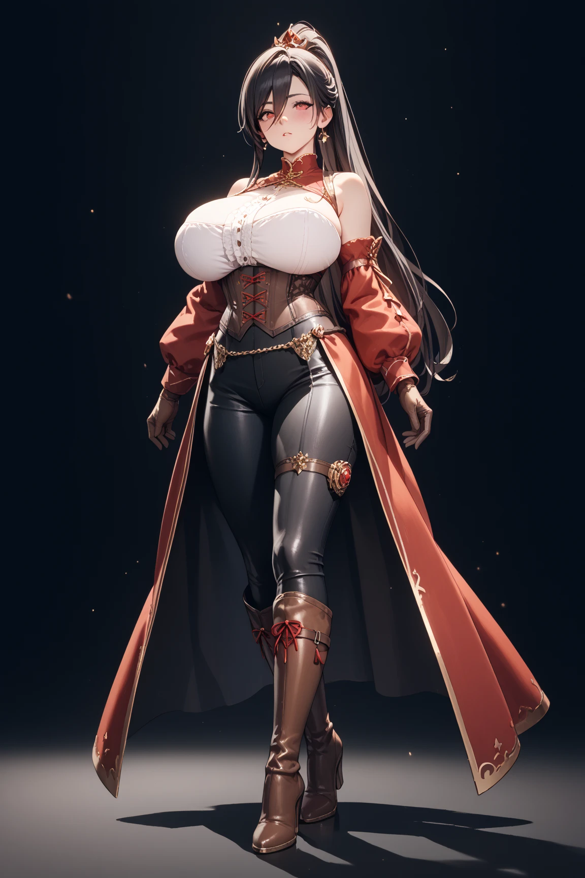 ((BLACK BACKGROUND,1:2, masterpiece)), full body MILF BIMBO standing with two long thighs and two high heels, red eyes, silver white hair, short bob style hair, ???????????, cleavage, separate sleeves, tiara royal, long cape up to two feet, yellow ??????, hands on waist, navel, ??????? smirking smiling, smile face (red blushed, red cheeks), metal shoulders, gold sleeveless armbands, black leather choker slave collar, shackle bracelets, ??? slave red crest, full body MILF BIMBO standing with two long thighs and two metal sandals, red eyes, silver white hair, short bob style hair, ???????????, cleavage, separate sleeves, tiara royal, long cape up to two feet, yellow ??????, hands on waist, navel, ??????? smirking smiling, smile face (red blushed, red cheeks), metal shoulders, gold sleeveless armbands, black leather choker slave collar, shackle bracelets, ??? slave red crest, pauldrons, breastplate, corset, eye focus, full body, whole body. 1solo . slave fighter, loincloth standing, hands on ????, metal sandals, backpack, choker, big belt, view from below, feet together, bracers, tiara)