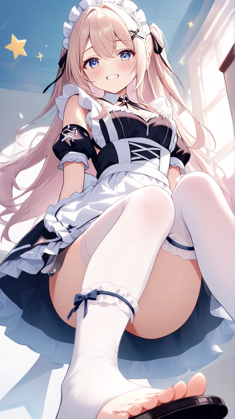 score_9, score_8_up, score_7_up, BREAK source_anime, best quality, masterpiece,rating_safe,1girl,shiny skin,((sweat)),blush,((magical girl)),fantasy,dress,heart,star,flower,micro skirt,ribbon,hair ornament,frill,big ass,(white pantyhose),full-body,