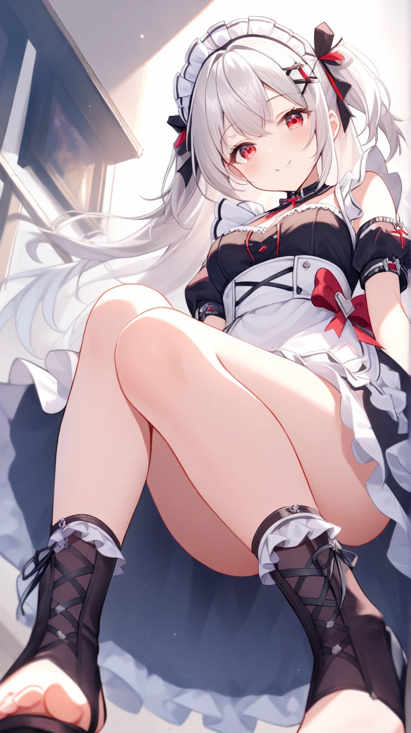 masterpiece, best quality, highres, fel1, bridal gauntlets, black thighhighs, bare shoulders, belt, garter straps, white dress, elbow gloves, outdoors, sitting, crossed legs,