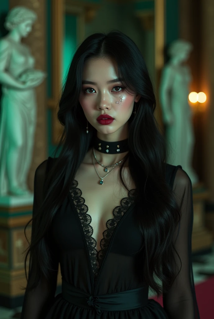 mulher de casaco preto e meias pretas sentada em uma cadeira, cruel korean goth girl, goth girl aesthetic, pelo escuro, gothic horror vibes, gothic aesthetic, 1 7 - year - old goth girl, goth girl, pale goth beauty, foto de perfil, darkwave goth aesthetic, pele escura elegante, jennie blackpink, gothic aesthetic, estilo sensual sombrio, goth woman