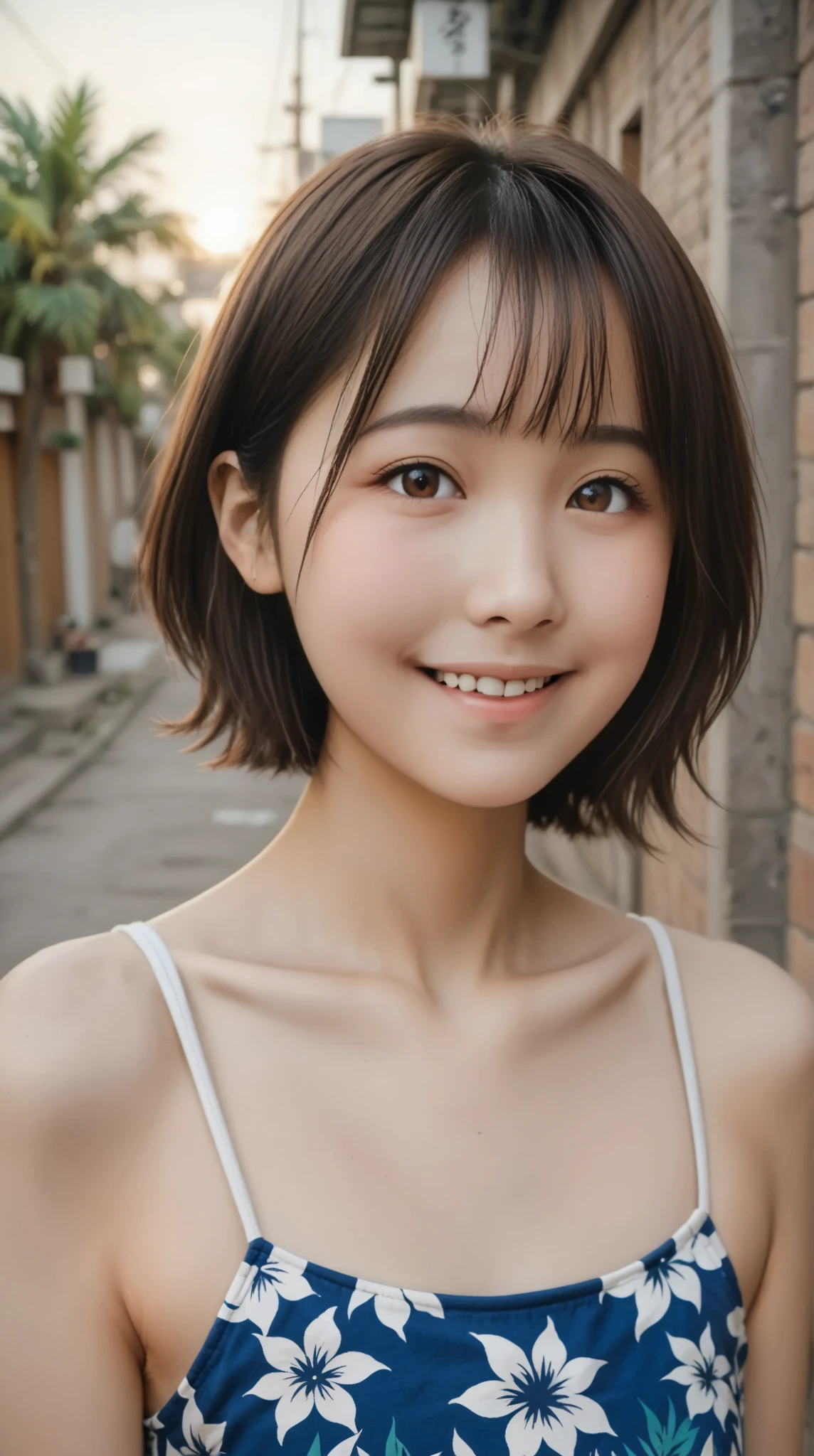 table top, highest quality, 8k, 6 years old, 10th generation, primary school student,young face,RAW photo, absurd, award winning portrait, smile, blush,alone, (night:1.8), idol face, delicate girl,delicate body, Upper body, Digital single-lens reflex camera, looking at the viewer, Frank, Sophisticated,thin arms, thin body,tap on the shoulder,professional lighting, film grain, chromatic aberration, (Eye and face details:1.0), black haired , shortcut,bangs,drooling eyes , moderately large breasts,valley,knitted clothes,white knitwear,texture,overexposure,Shoulders are sticking out,tight clothes,(off shoulder),胸のvalley間,((shoulders look nice)),((valley間が見える:1.2)),Clothes come off,take off clothes,Fabric area is reduced,highly exposed,(Upper body,upper body:1.2),