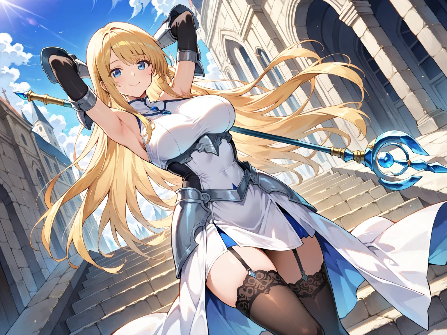 masterpiece, best quality, very aesthetic, absurdres, floating hair, floating clothes, Epic and grandiose scenes,,lumine_(genshin_impact),genshin_impact, 1girl, black_gloves, blonde_hair, breasts, cleavage, detached_sleeves, dress, flower, gloves, hair_flower, hair_ornament, medium_breasts, short_hair_with_long_locks, sidelocks, sleeveless, sleeveless_dress, vambraces, white_dress, white_flower, yellow_eyes,,in a city floating in sky