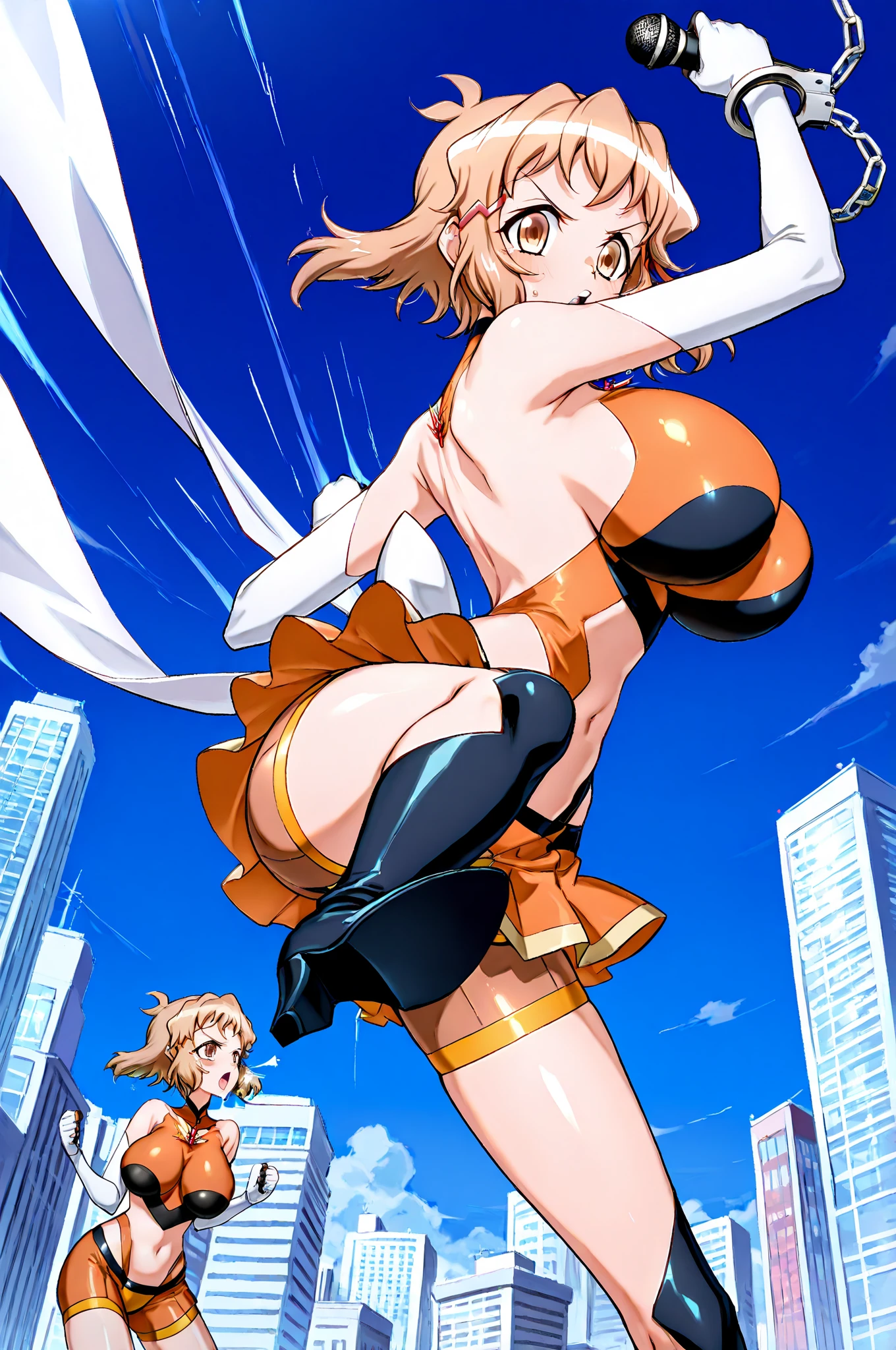 (Private n 4k)、(High resolution:1.2)、(High freshness:1.2)、、(Whole Body Ezbian:1.2)、((short hair:1.2))、(Huge, Lively, Fake breasts:1.4)、Deep Valley、(2 women with big:1.6))、Skin Dancing、 (Hard chest:1.6)、(Orange eyes)、(Perfect body:1.8)、Wide Hips, Thick thighs, Huge Ass、Skin dents、(barefoot:1.2)、(Great abs:1.4)、(Tight waist:1.4)、(Dark Skin:1.2)、(Skin glowing with oil)、(Brown Skin)、 、(Dynamic pose:1.2)、(Woman jumping with legs wide open:1.6)、(school uniform:1.6)、(School:1.6)
