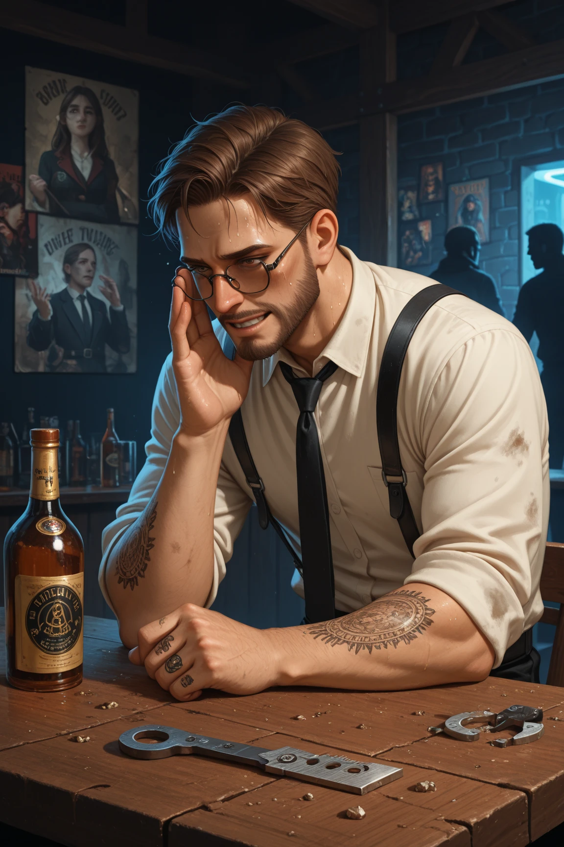 A handsome man as a rough bartender with a stumble beard and a smirk on his face, he is inside a cyberpunk bar, dim volumetric lighting. Cyberpunk 3d render, 4k resolution, highly detailed.