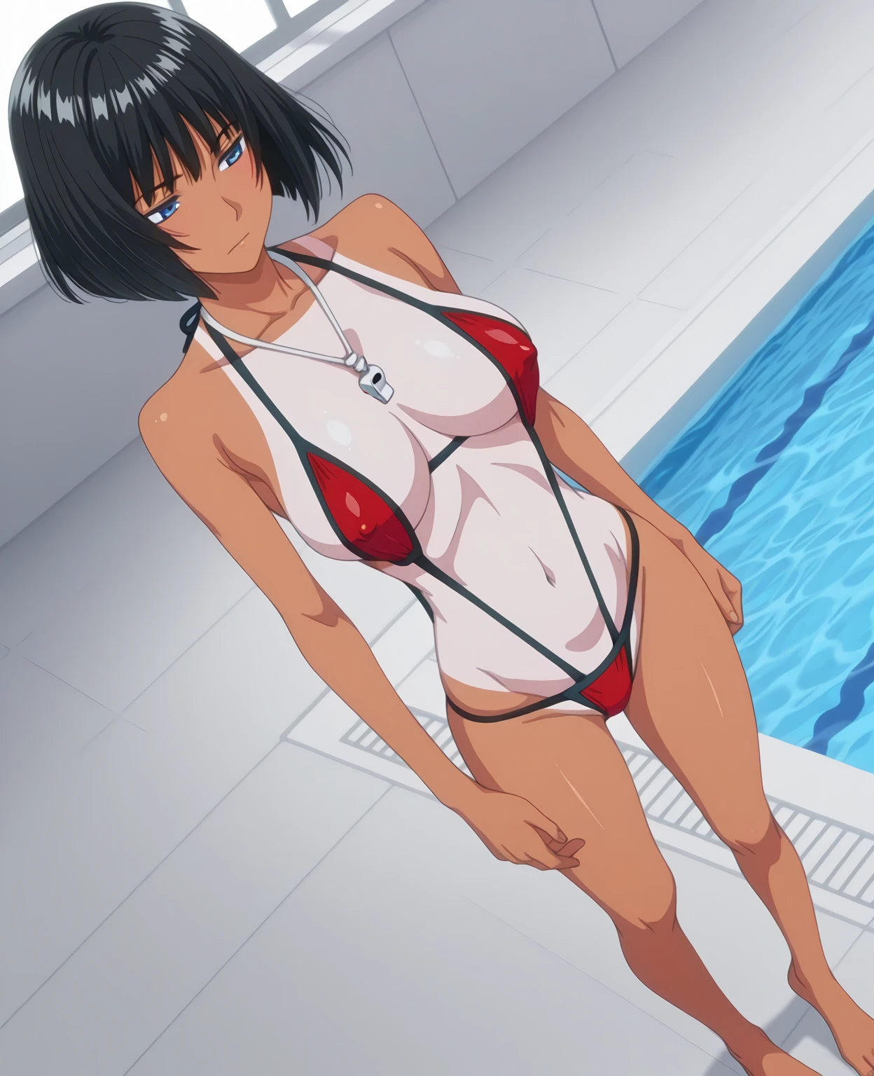 anime screencap, BREAK, 1girl, dark skin, long hair, yellow eyes, large breasts, competition swimsuit, blush, embarrassed, from below, crotch focus, looking at viewer, cowboy shot, poolside, masterpiece, best quality, very aesthetic, absurdres, official art