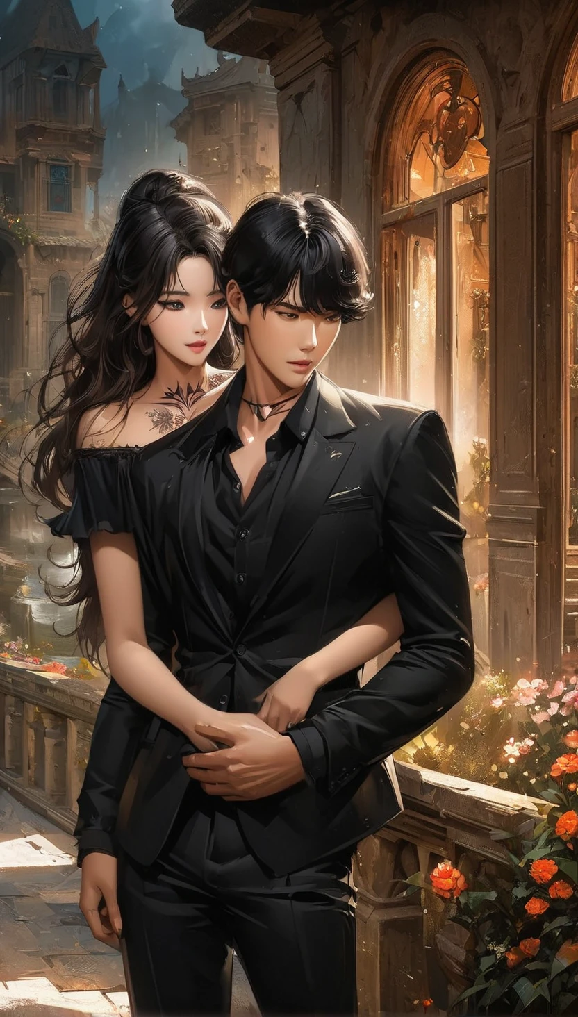 A man with black hair and a blonde woman dressed in a red dress --auto --s2
