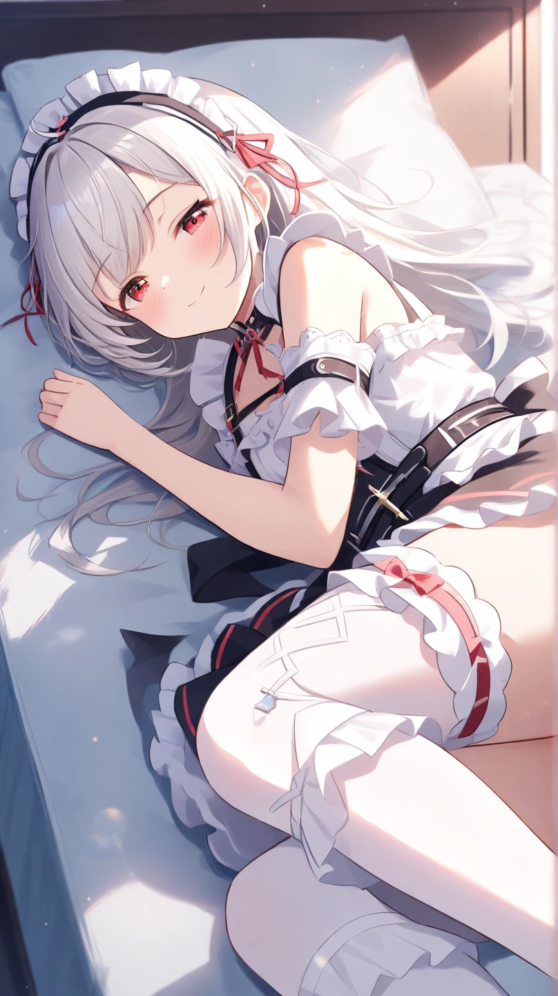 Lori, white hair, bed, cute, yellow-red heterochromic pupils, rabbit ears, lying on bed, teasing eyes, erotic lingerie white, blush, legs apart, white silk, transparent