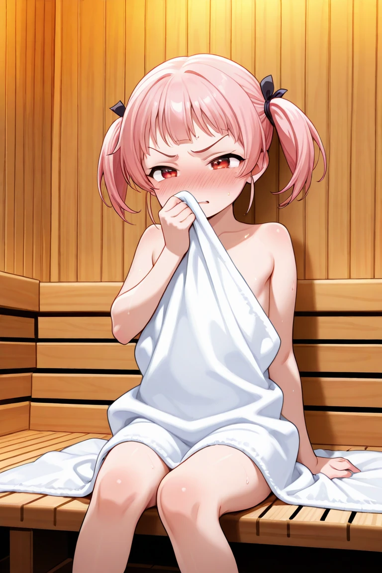small breasts, yellow micro bikini, flat chest, blush, string bikini, without bikini top, hit mark on the butt, sitting, open legs, looking at the viewer, M-shaped legs, pubic tattoo, saliva, drooling, long white hand gloves, collar for cats, pubic hair, cat dish with thick milk, naked, nude, container with semen, Glass full of semen, transparent jar filled with thick milk