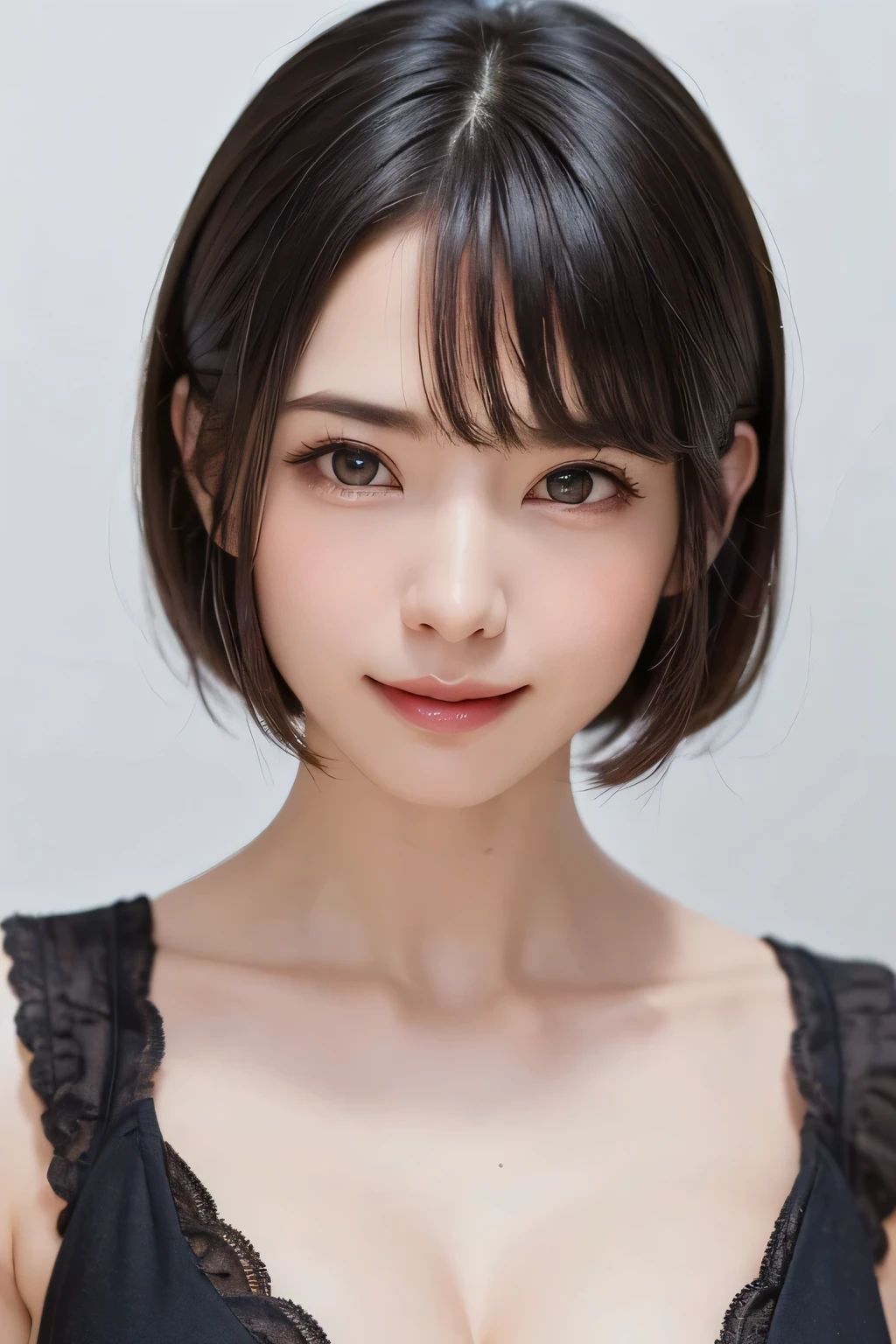 highest quality, realistic, 8K, High resolution, 1 girl, woman,, (portrait:0.6), nice, ((white background, naked, small breasts:1.65)), (short black hair, parted bangs:1.4), looking at the viewer, (1 girl eyes looking at the viewer:1.6), realistic, (Bokeh), (closed mouth, smile:1.3), nice, Pueros face_V1:1,