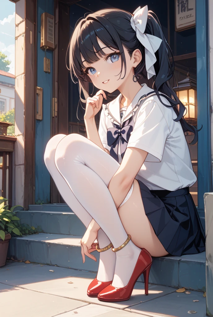 (masterpiece), 4K,Young woman,Long sleeve sailor suit,Small breasts,Small Ass,Curly Twin Tails,Light bulb lighting,Realistic, skinny, Big smile,((,Bloomers under a skirt)),Sitting on the stairs,((Knee-length frill skirt)),Angle from below the knee