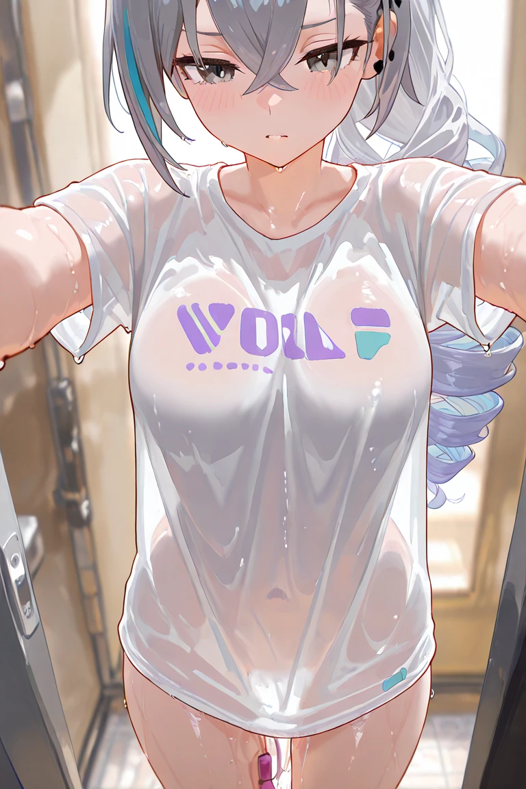 Browsing Caution,masterpiece,Highest quality,High resolution,Very detailed, Cowboy Shot, One girl, silver wolf\(Collapse Star Rail\), Grey Eyes, Grey Hair, Long Hair, ponytail, hair ornaments, Wear blue lens sunglasses on your head, cardigan, camisole, Panty Straps, Thigh straps, Strap slip, (Cleavage:0.7), Bare shoulders, choker, In the process of taking off clothes, Embarrassing, Heavy breathing, Close your mouth, blush, Shiny skin, View your viewers, Silky skin, Rub your thighs together, Embarrassing格好, Love juice drips from the crotch, Inner thighs, Right in front of you, Reveal the tuning, In the corner of the library
