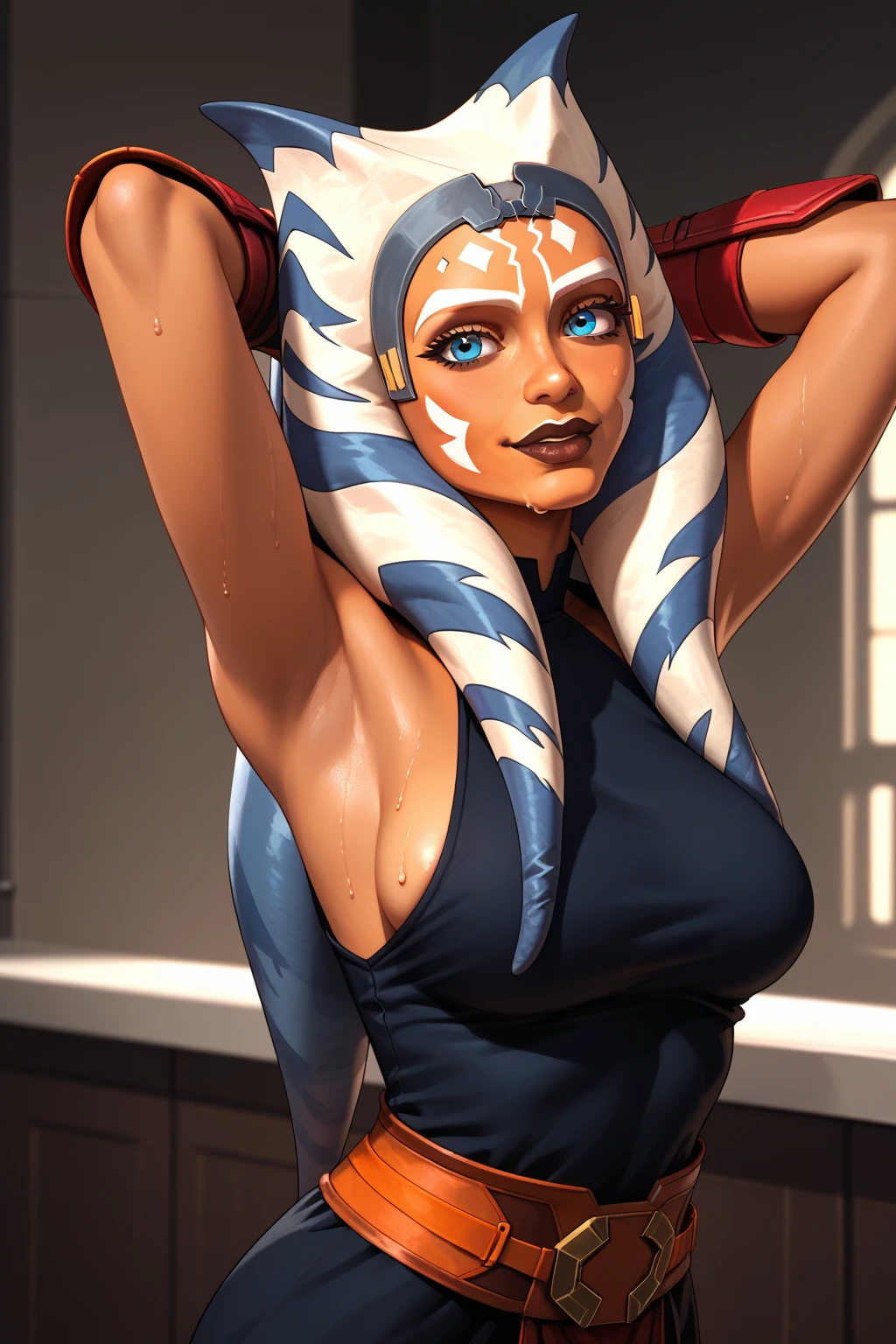 (masterpiece, best quality, ultra-detailed), young AhsokaTano, (orange skin:1.2), blue eyes, makeup, (tight bra and panties:1.2), hip armor, (portrait shot, full body), looking at viewer