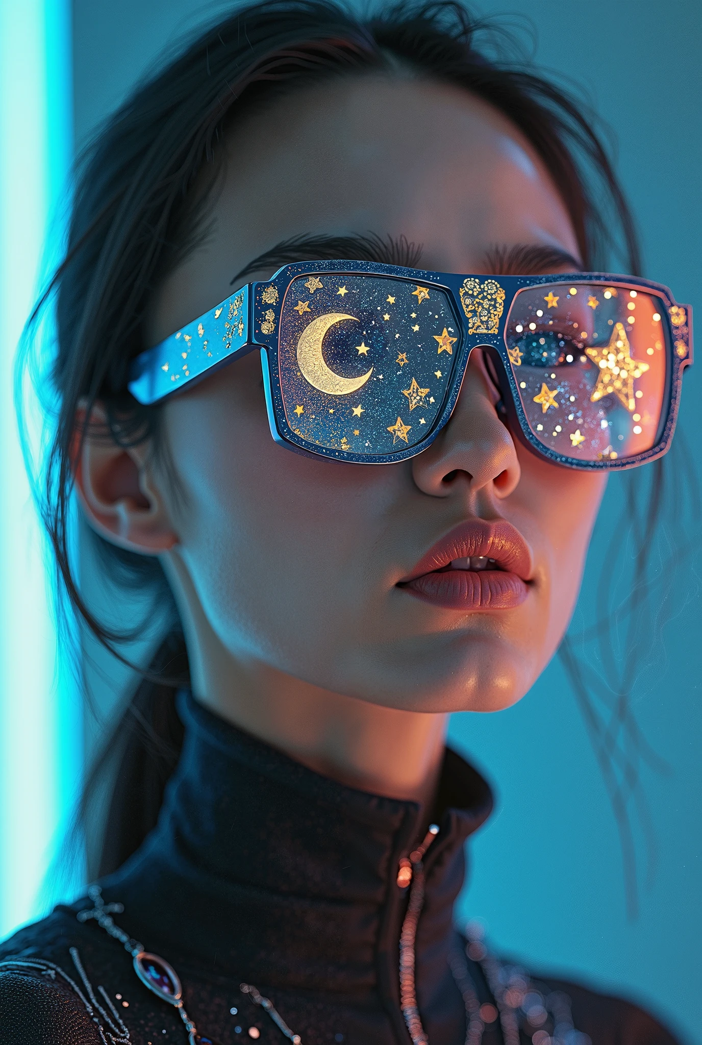 The model is wearing glass sunglasses,with stars and moon on the lenses