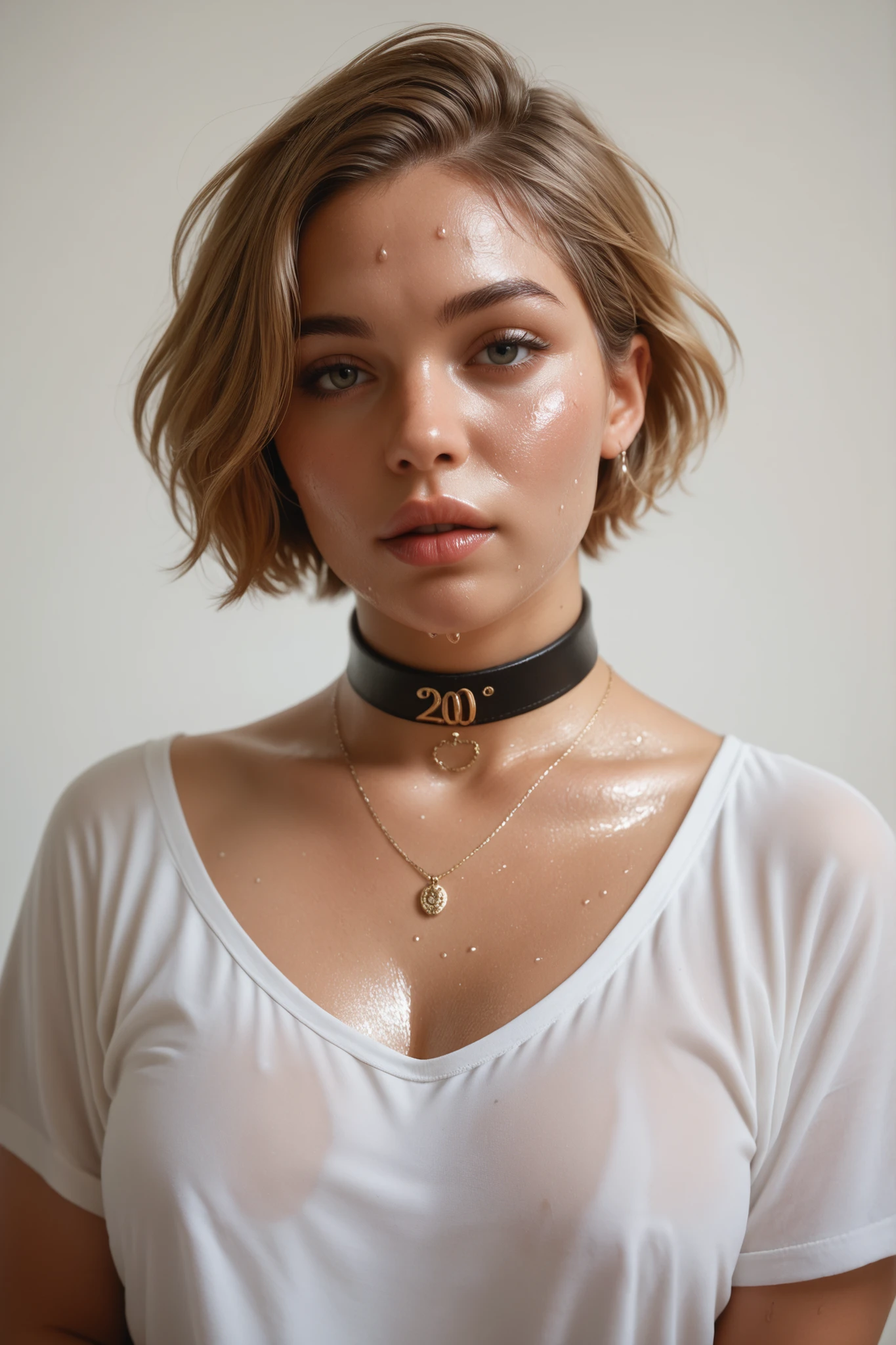 Fine art, 18 year old blond girl . 's plump lips. opens his eyes wide. ((Very short hair)), Well-trained body, ((very sweaty skin)), choker necklace, Lower collar, Tilt forward, loose white shirt,