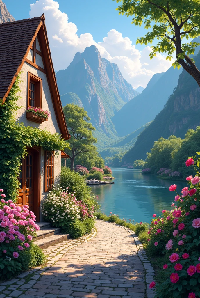 a small village by the river,Background is mountains,Flowers bloom,Brightly colored,Detailed Scenery,Beautiful Natural Scenery,Ambiance Lighting,Burning Sunsets,a warm color palette,utility,utility摄影,Detailed Leaves,Intricate architecture,cobblestone streets,charming country house,Swirling bright colors,dense vegetation,Intricate architecture,picturesque,Relaxed and Quiet,artwork of a,Best quality,8k,Extremely detailed,Anime style