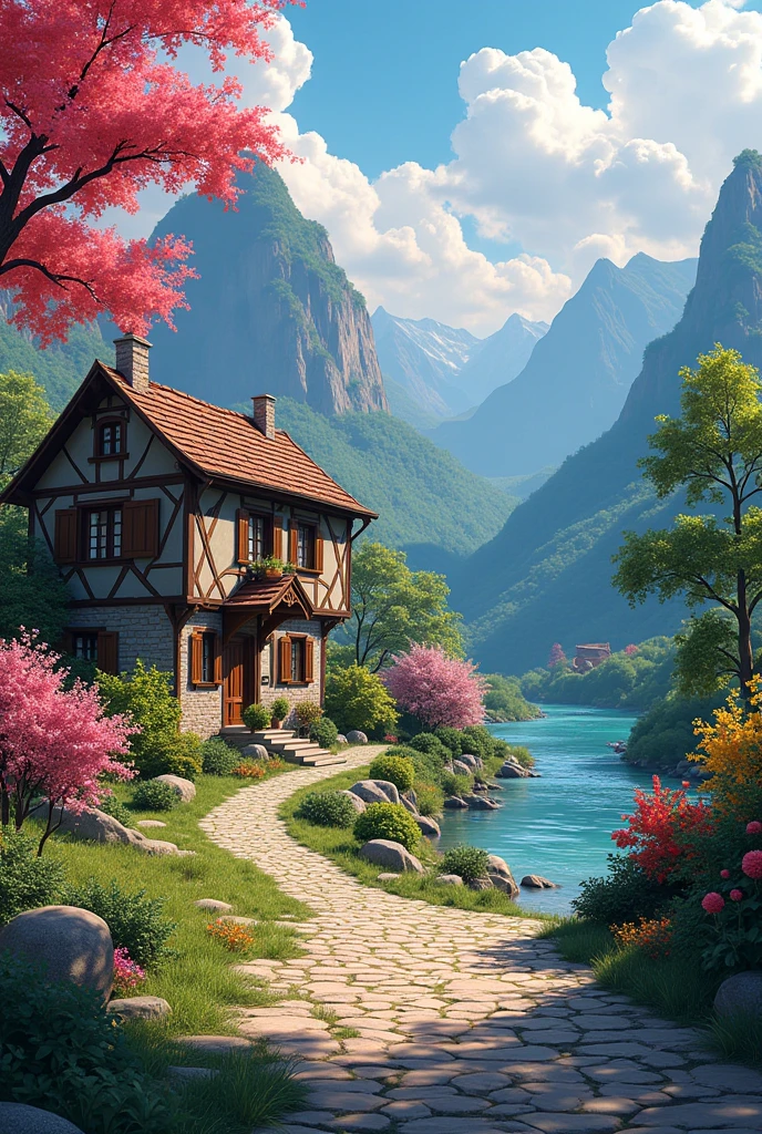 a small village by the river,Background is mountains,Flowers bloom,Brightly colored,Detailed Scenery,Beautiful Natural Scenery,Ambiance Lighting,Burning Sunsets,a warm color palette,utility,utility摄影,Detailed Leaves,Intricate architecture,cobblestone streets,charming country house,Swirling bright colors,dense vegetation,Intricate architecture,picturesque,Relaxed and Quiet,artwork of a,Best quality,8k,Extremely detailed,Anime style