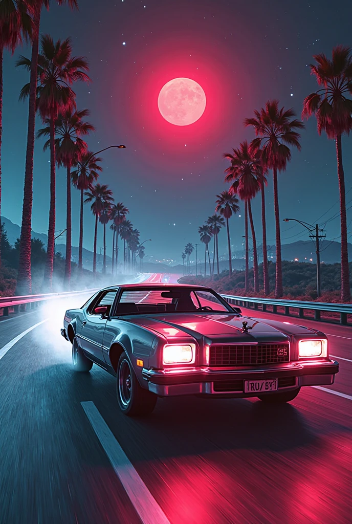 Film still,80s synthwave style,retro-futurism,Classic 1980s sports car,High speed driving on a neon lit curve,freeway,Glowing palm trees, white, black and white comic style, the legendary sword, Gus cuts down Griffith's furious and hopeless scene. Under the Blood Moon, Gus uses a big sword to cut Griffith's head off
