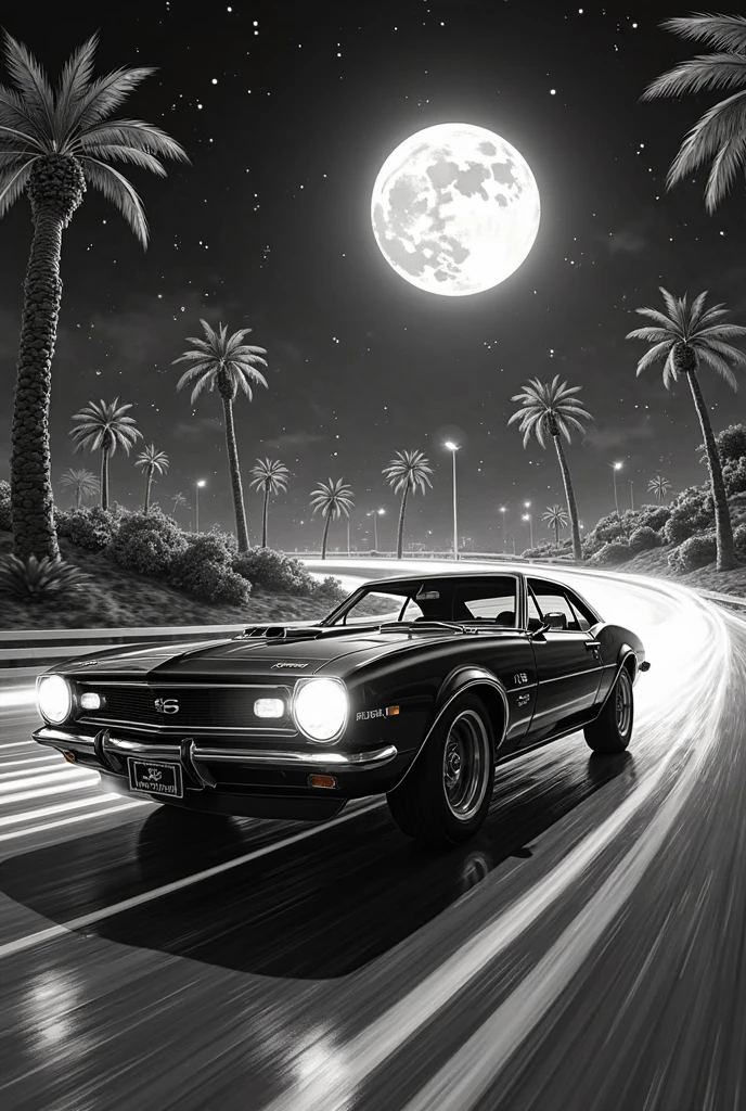 Film still,80s synthwave style,retro-futurism,Classic 1980s sports car,High speed driving on a neon lit curve,freeway,Glowing palm trees, white, black and white comic style, the legendary sword, Gus cuts down Griffith's furious and hopeless scene. Under the Blood Moon, Gus uses a big sword to cut Griffith's head off
