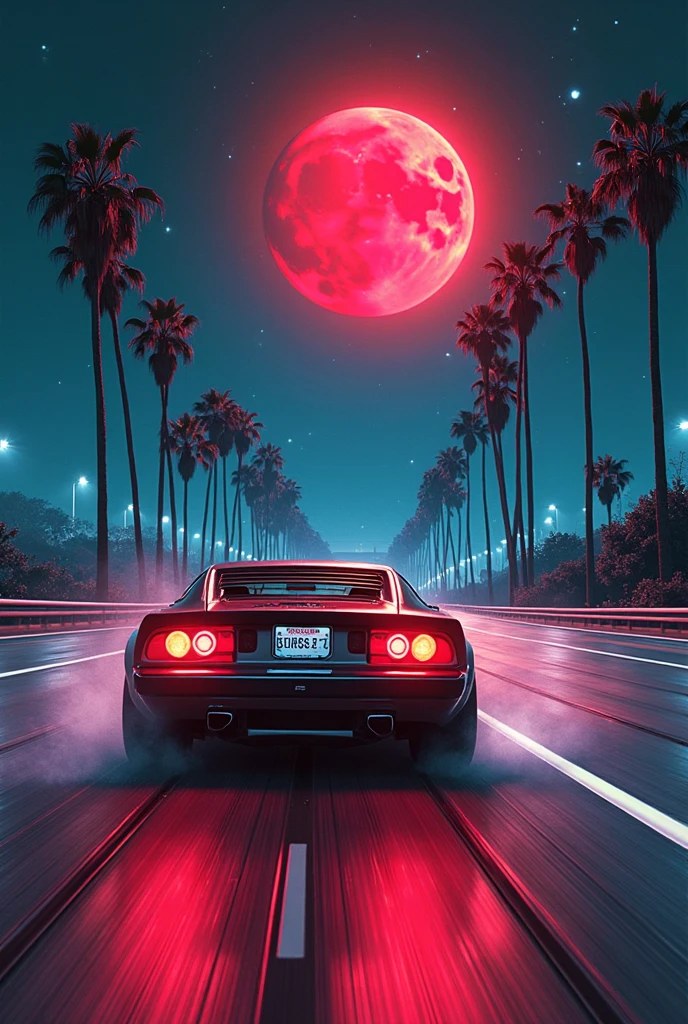 Film still,80s synthwave style,retro-futurism,Classic 1980s sports car,High speed driving on a neon lit curve,freeway,Glowing palm trees, white, black and white comic style, the legendary sword, Gus cuts down Griffith's furious and hopeless scene. Under the Blood Moon, Gus uses a big sword to cut Griffith's head off
