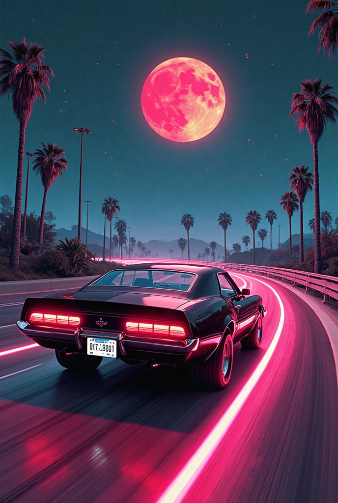 Film still,80s synthwave style,retro-futurism,Classic 1980s sports car,High speed driving on a neon lit curve,freeway,Glowing palm trees, white, black and white comic style, the legendary sword, Gus cuts down Griffith's furious and hopeless scene. Under the Blood Moon, Gus uses a big sword to cut Griffith's head off
