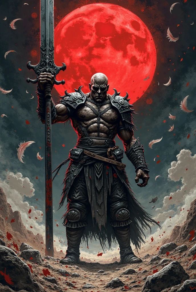Dark realistic comic style,The battlefield shrouded by a blood moon。Guts wearing berserker armor,Muscle knots,With a ferocious face,Lifting a giant sword taller than a person。The ground is covered with deep sword marks,Feathers floating around。The picture uses an upward perspective,Highlighting the oppressive feeling of the character,Extensive use of cross-hatching shadows。The overall atmosphere is full of despair and anger,Like the brushwork of Miura Kentaro。