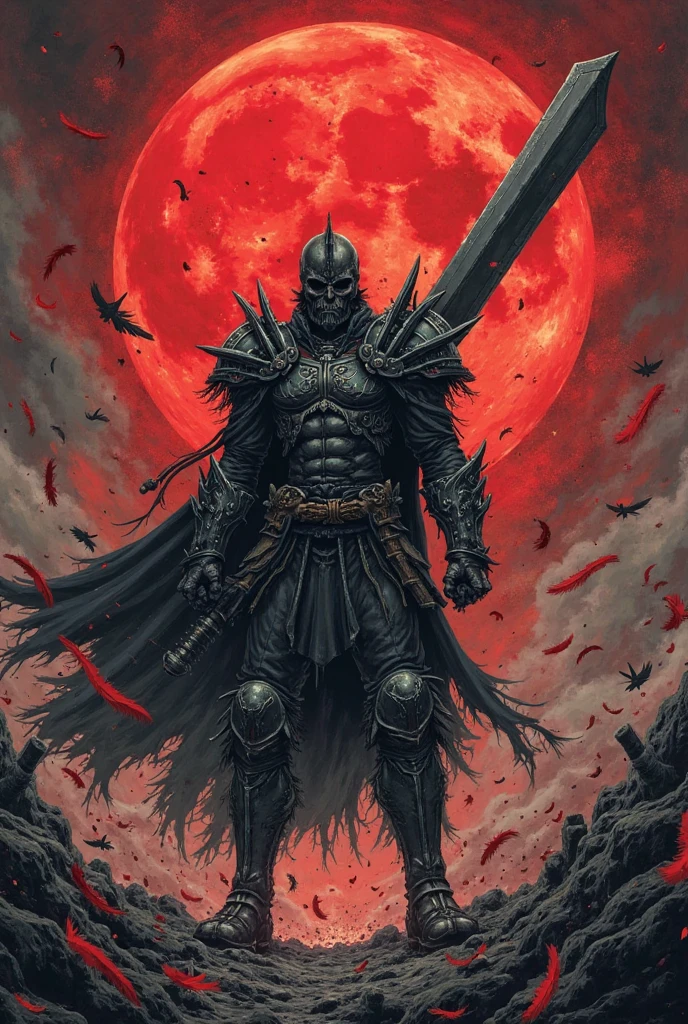 Dark realistic comic style,The battlefield shrouded by a blood moon。Guts wearing berserker armor,Muscle knots,With a ferocious face,Lifting a giant sword taller than a person。The ground is covered with deep sword marks,Feathers floating around。The picture uses an upward perspective,Highlighting the oppressive feeling of the character,Extensive use of cross-hatching shadows。The overall atmosphere is full of despair and anger,Like the brushwork of Miura Kentaro。