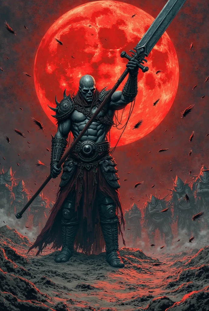 Dark realistic comic style,The battlefield shrouded by a blood moon。Guts wearing berserker armor,Muscle knots,With a ferocious face,Lifting a giant sword taller than a person。The ground is covered with deep sword marks,Feathers floating around。The picture uses an upward perspective,Highlighting the oppressive feeling of the character,Extensive use of cross-hatching shadows。The overall atmosphere is full of despair and anger,Like the brushwork of Miura Kentaro。