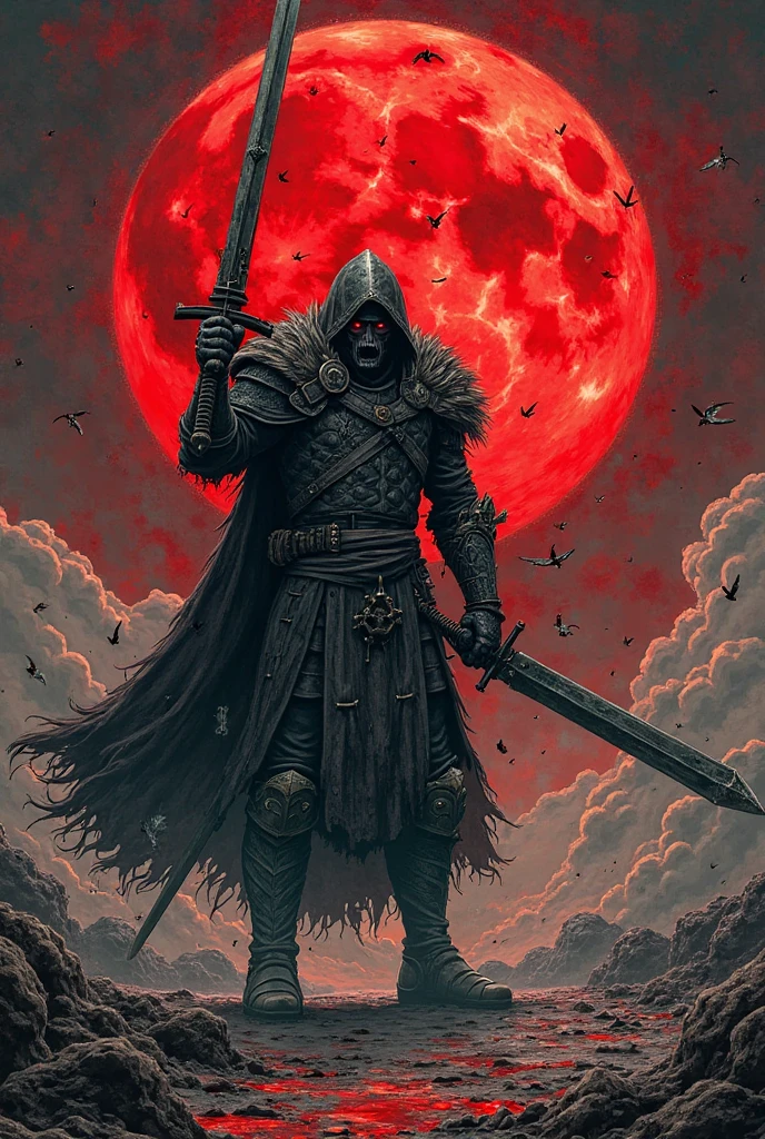 Dark realistic comic style,The battlefield shrouded by a blood moon。Guts wearing berserker armor,Muscle knots,With a ferocious face,Lifting a giant sword taller than a person。The ground is covered with deep sword marks,Feathers floating around。The picture uses an upward perspective,Highlighting the oppressive feeling of the character,Extensive use of cross-hatching shadows。The overall atmosphere is full of despair and anger,Like the brushwork of Miura Kentaro。