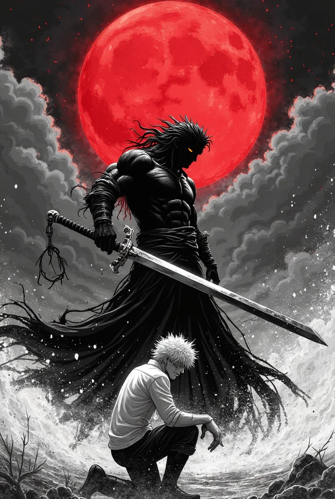 black and white manga style,The ultimate contrast between light and dark,The blood moon is empty。The burly black swordsman Guts holds a huge dragon-shaped sword,Slashing down with overwhelming force,The sword blade cuts through the air and stirs up air waves。The opponent is kneeling on one knee,White curly hair fluttering in the violent airflow。The background is the sky dyed red by the blood moon,Dark clouds roll。The picture is full of violent aesthetics,The brushstrokes are rough and powerful,Similar to the style of the original Berserk。The composition is impactful,Emphasizing the atmosphere of power and despair。