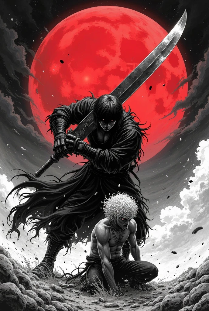black and white manga style，The ultimate contrast between light and dark，The blood moon is empty。The burly black swordsman Guts holds a huge dragon-shaped sword，Slashing down with overwhelming force，The sword blade cuts through the air and stirs up air waves。The opponent is kneeling on one knee，White curly hair fluttering in the violent airflow。The background is the sky dyed red by the blood moon，Dark clouds roll。The picture is full of violent aesthetics，The brushstrokes are rough and powerful，Similar to the style of the original Berserk。The composition is impactful，Emphasizing the atmosphere of power and despair。