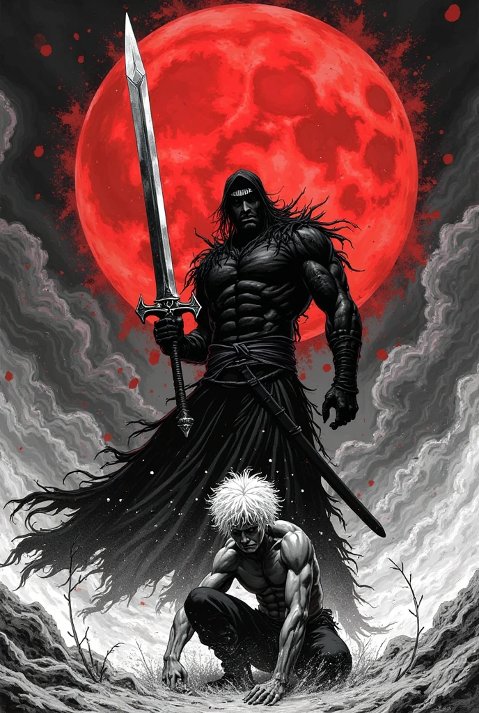 black and white manga style,The ultimate contrast between light and dark,The blood moon is empty。The burly black swordsman Guts holds a huge dragon-shaped sword,Slashing down with overwhelming force,The sword blade cuts through the air and stirs up air waves。The opponent is kneeling on one knee,White curly hair fluttering in the violent airflow。The background is the sky dyed red by the blood moon,Dark clouds roll。The picture is full of violent aesthetics,The brushstrokes are rough and powerful,Similar to the style of the original Berserk。The composition is impactful,Emphasizing the atmosphere of power and despair。
