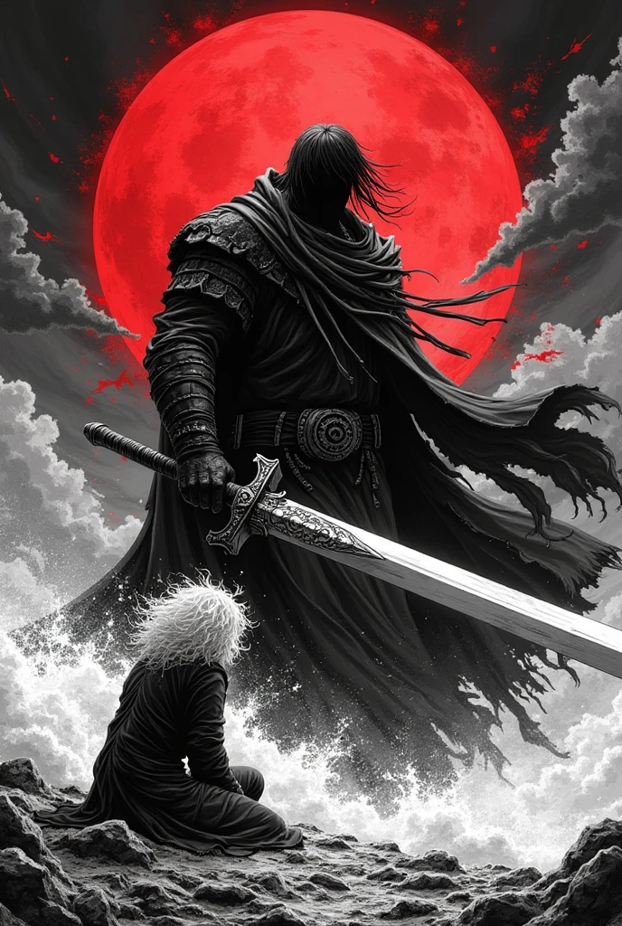 black and white manga style,The ultimate contrast between light and dark,The blood moon is empty。The burly black swordsman Guts holds a huge dragon-shaped sword,Slashing down with overwhelming force,The sword blade cuts through the air and stirs up air waves。The opponent is kneeling on one knee,White curly hair fluttering in the violent airflow。The background is the sky dyed red by the blood moon,Dark clouds roll。The picture is full of violent aesthetics,The brushstrokes are rough and powerful,Similar to the style of the original Berserk。The composition is impactful,Emphasizing the atmosphere of power and despair。
