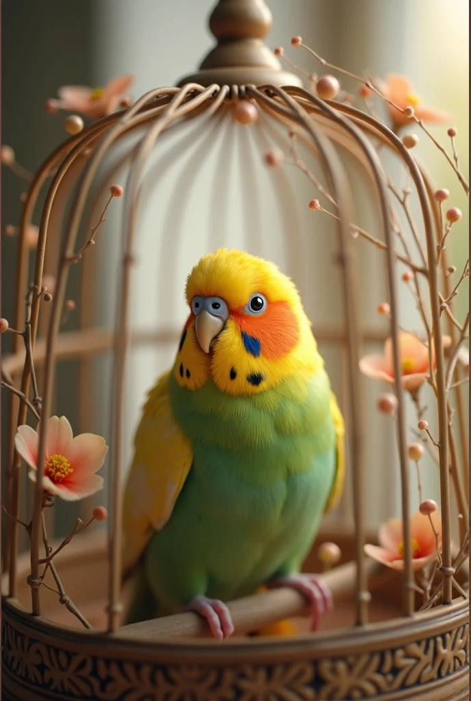 warm pet photo,cute budgerigar,Soft feathers,yellow and green color,cute posture,Exquisite birdcage,floral decoration,warm natural light,interior scenes,Healing style