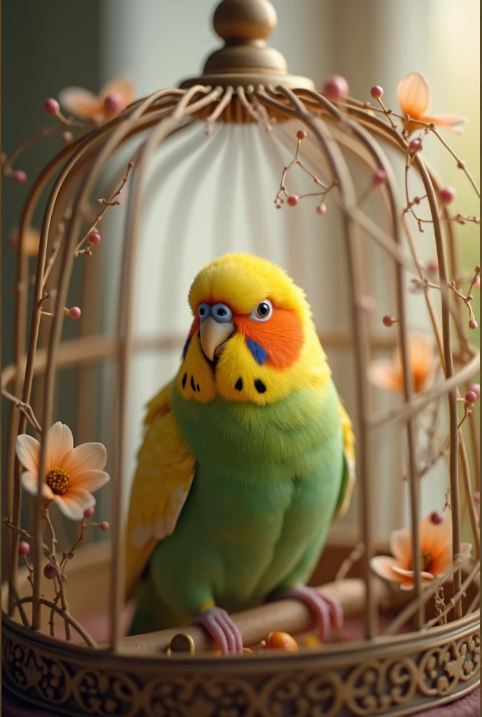 warm pet photo,cute budgerigar,Soft feathers,yellow and green color,cute posture,Exquisite birdcage,floral decoration,warm natural light,interior scenes,Healing style