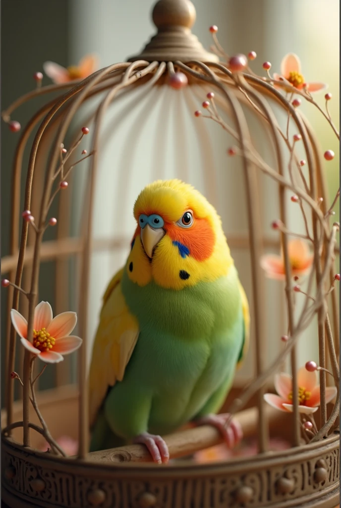warm pet photo,cute budgerigar,Soft feathers,yellow and green color,cute posture,Exquisite birdcage,floral decoration,warm natural light,interior scenes,Healing style
