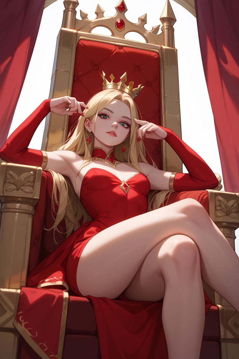 (Rating 9,rating 8 or above:1.1),rating 7 or above,1 girl,petite,blonde,Long hair,Sitting on the Golden Throne,Red Royal Dress,red royal miniskirt,upper legs,crossed legs,View from below,Superiority,Throne Room,Golden Crown,nail polish,Red nails