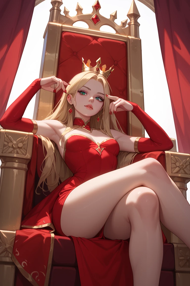 (Rating 9,rating 8 or above:1.1),rating 7 or above,1 girl,petite,blonde,Long hair,Sitting on the Golden Throne,Red Royal Dress,red royal miniskirt,upper legs,crossed legs,View from below,Superiority,Throne Room,Golden Crown,nail polish,Red nails