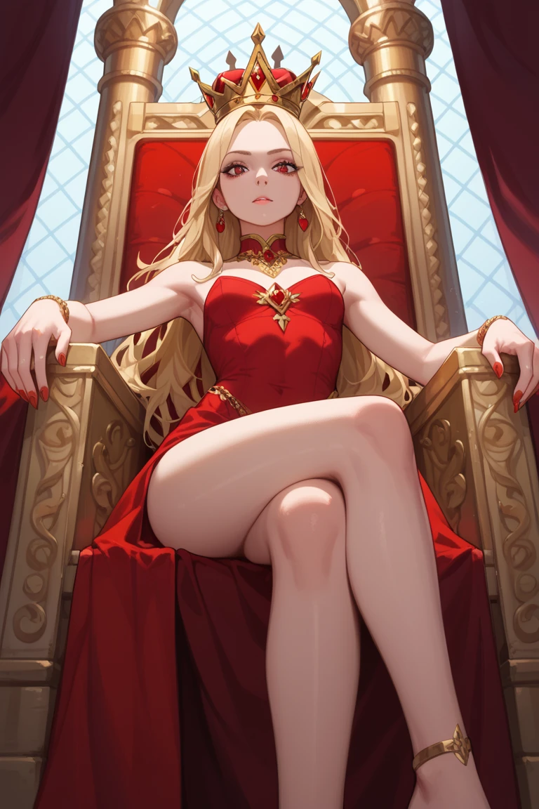 (Rating 9,rating 8 or above:1.1),rating 7 or above,1 girl,petite,blonde,Long hair,Sitting on the Golden Throne,Red Royal Dress,red royal miniskirt,upper legs,crossed legs,View from below,Superiority,Throne Room,Golden Crown,nail polish,Red nails