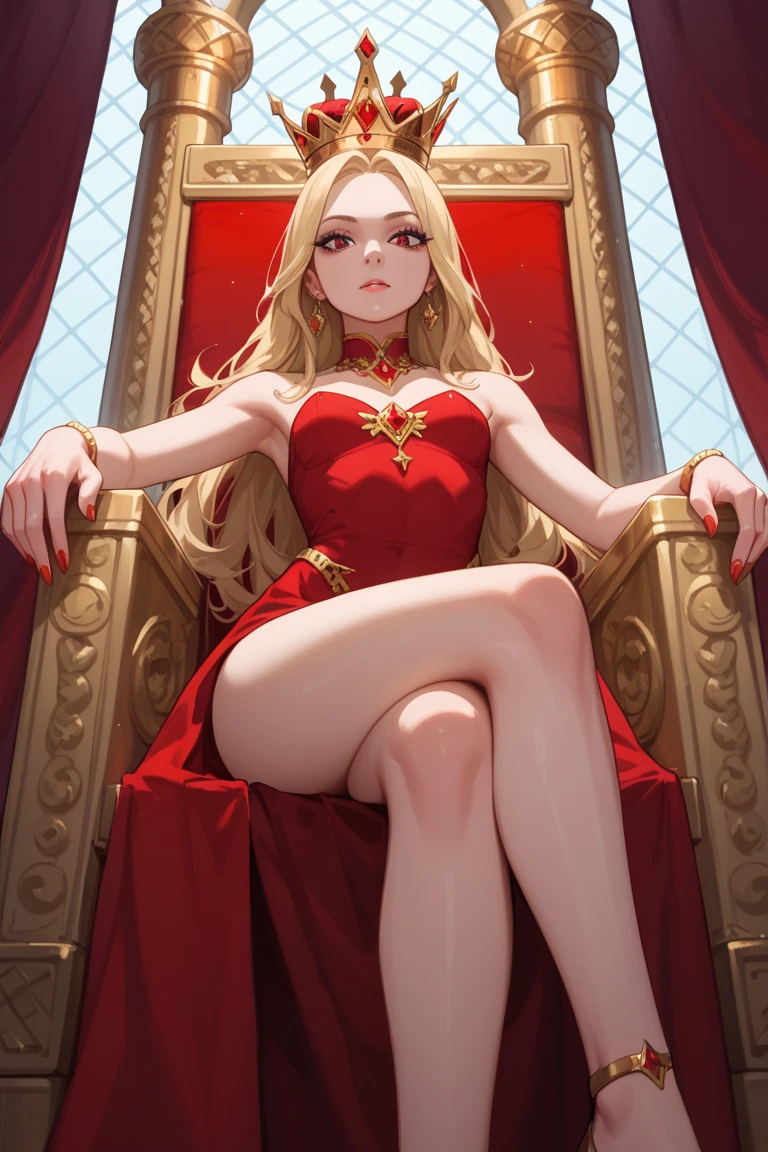 (Rating 9,rating 8 or above:1.1),rating 7 or above,1 girl,petite,blonde,Long hair,Sitting on the Golden Throne,Red Royal Dress,red royal miniskirt,upper legs,crossed legs,View from below,Superiority,Throne Room,Golden Crown,nail polish,Red nails