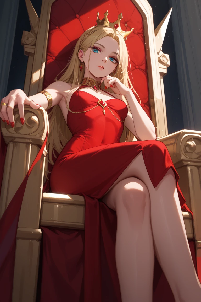 (Rating 9,rating 8 or above:1.1),rating 7 or above,1 girl,petite,blonde,Long hair,Sitting on the Golden Throne,Red Royal Dress,red royal miniskirt,upper legs,crossed legs,View from below,Superiority,Throne Room,Golden Crown,nail polish,Red nails