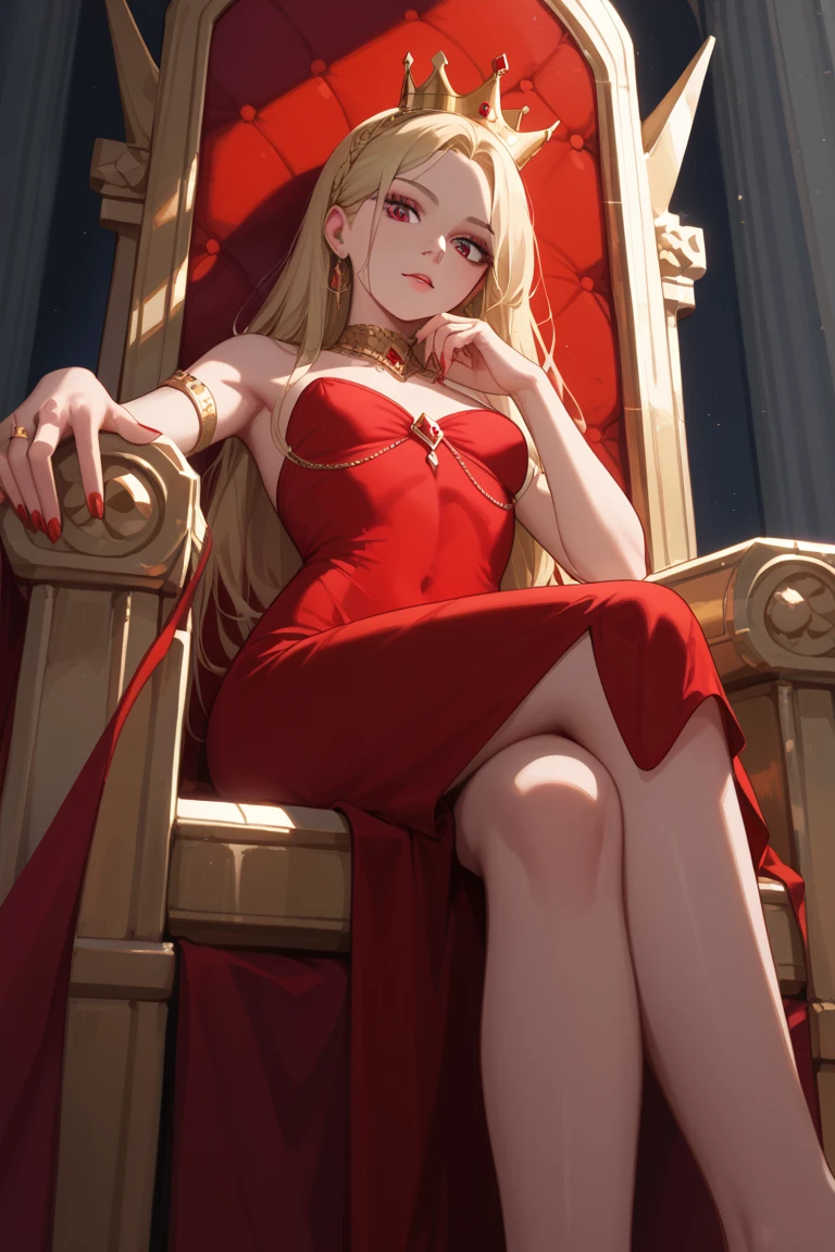 (Rating 9,rating 8 or above:1.1),rating 7 or above,1 girl,petite,blonde,Long hair,Sitting on the Golden Throne,Red Royal Dress,red royal miniskirt,upper legs,crossed legs,View from below,Superiority,Throne Room,Golden Crown,nail polish,Red nails