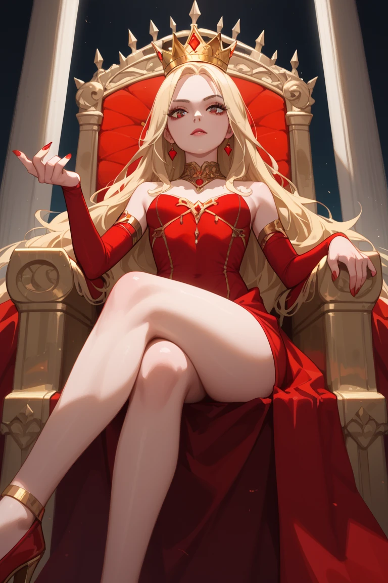 (Rating 9,rating 8 or above:1.1),rating 7 or above,1 girl,petite,blonde,Long hair,Sitting on the Golden Throne,Red Royal Dress,red royal miniskirt,upper legs,crossed legs,View from below,Superiority,Throne Room,Golden Crown,nail polish,Red nails