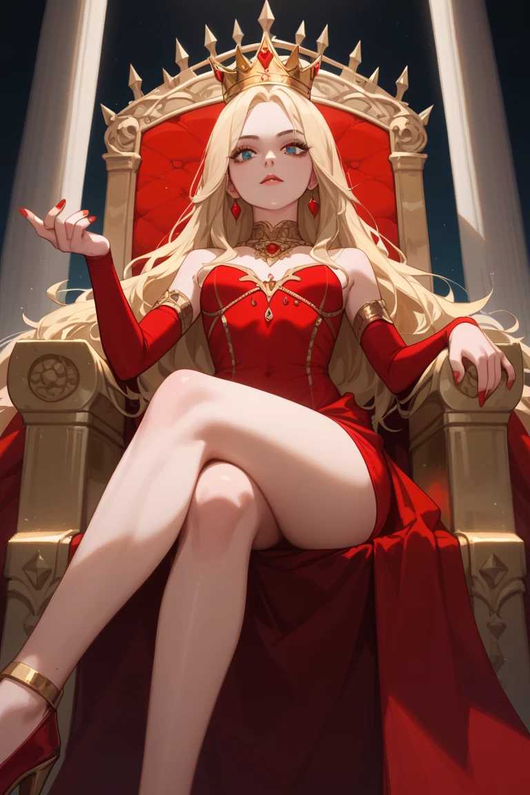 (Rating 9,rating 8 or above:1.1),rating 7 or above,1 girl,petite,blonde,Long hair,Sitting on the Golden Throne,Red Royal Dress,red royal miniskirt,upper legs,crossed legs,View from below,Superiority,Throne Room,Golden Crown,nail polish,Red nails