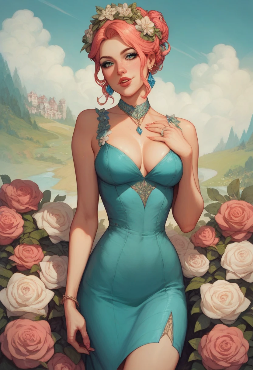 masterpiece, superlative, Spring dress, The color hair, exteriors, MagazineCover, short transparent dress,, Harnes, Light Tulle, Wide buttock, Slimming the waist, The skin is smooth, soft and delicate