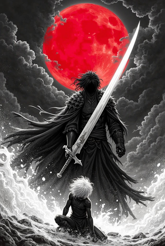 black and white manga style,The ultimate contrast between light and dark,Do not paint!The burly black swordsman Guts holds a huge dragon-shaped sword,Slashing down with overwhelming force,The sword blade cuts through the air and stirs up air waves。The opponent is kneeling on one knee,White curly hair fluttering in the violent airflow。The background is the sky dyed red by the blood moon,Dark clouds roll。The picture is full of violent aesthetics,The brushstrokes are rough and powerful,Similar to the style of the original Berserk。The composition is impactful,Emphasizing the atmosphere of power and despair。