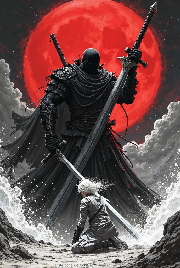black and white manga style,The ultimate contrast between light and dark,Do not paint!The burly black swordsman Guts holds a huge dragon-shaped sword,Slashing down with overwhelming force,The sword blade cuts through the air and stirs up air waves。The opponent is kneeling on one knee,White curly hair fluttering in the violent airflow。The background is the sky dyed red by the blood moon,Dark clouds roll。The picture is full of violent aesthetics,The brushstrokes are rough and powerful,Similar to the style of the original Berserk。The composition is impactful,Emphasizing the atmosphere of power and despair。
