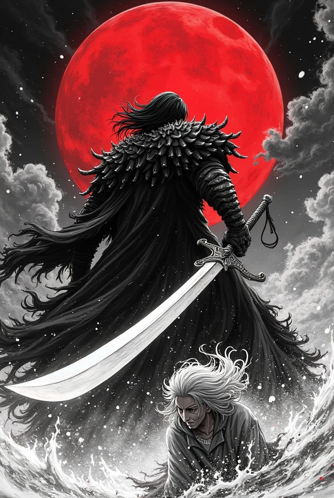 black and white manga style,The ultimate contrast between light and dark,Do not paint!The burly black swordsman Guts holds a huge dragon-shaped sword,Slashing down with overwhelming force,The sword blade cuts through the air and stirs up air waves。The opponent is kneeling on one knee,White curly hair fluttering in the violent airflow。The background is the sky dyed red by the blood moon,Dark clouds roll。The picture is full of violent aesthetics,The brushstrokes are rough and powerful,Similar to the style of the original Berserk。The composition is impactful,Emphasizing the atmosphere of power and despair。